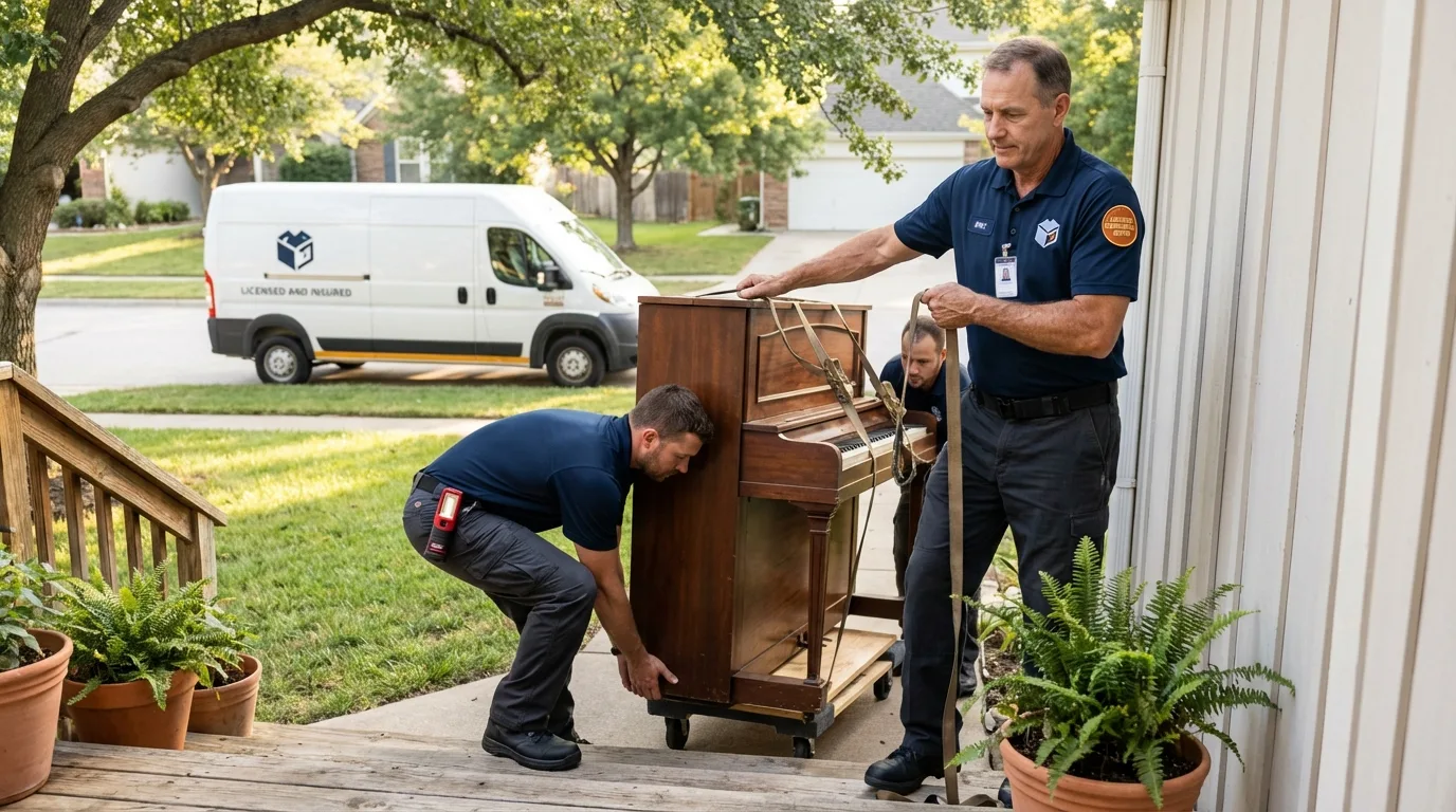 Licensed piano movers securing grand piano in Rotan, TX