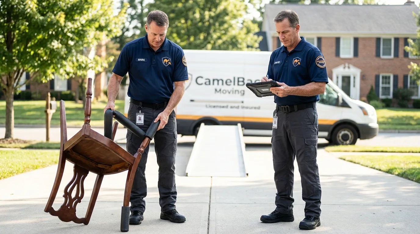 Movers inspecting furniture for damage prevention before loading in Rotan, TX